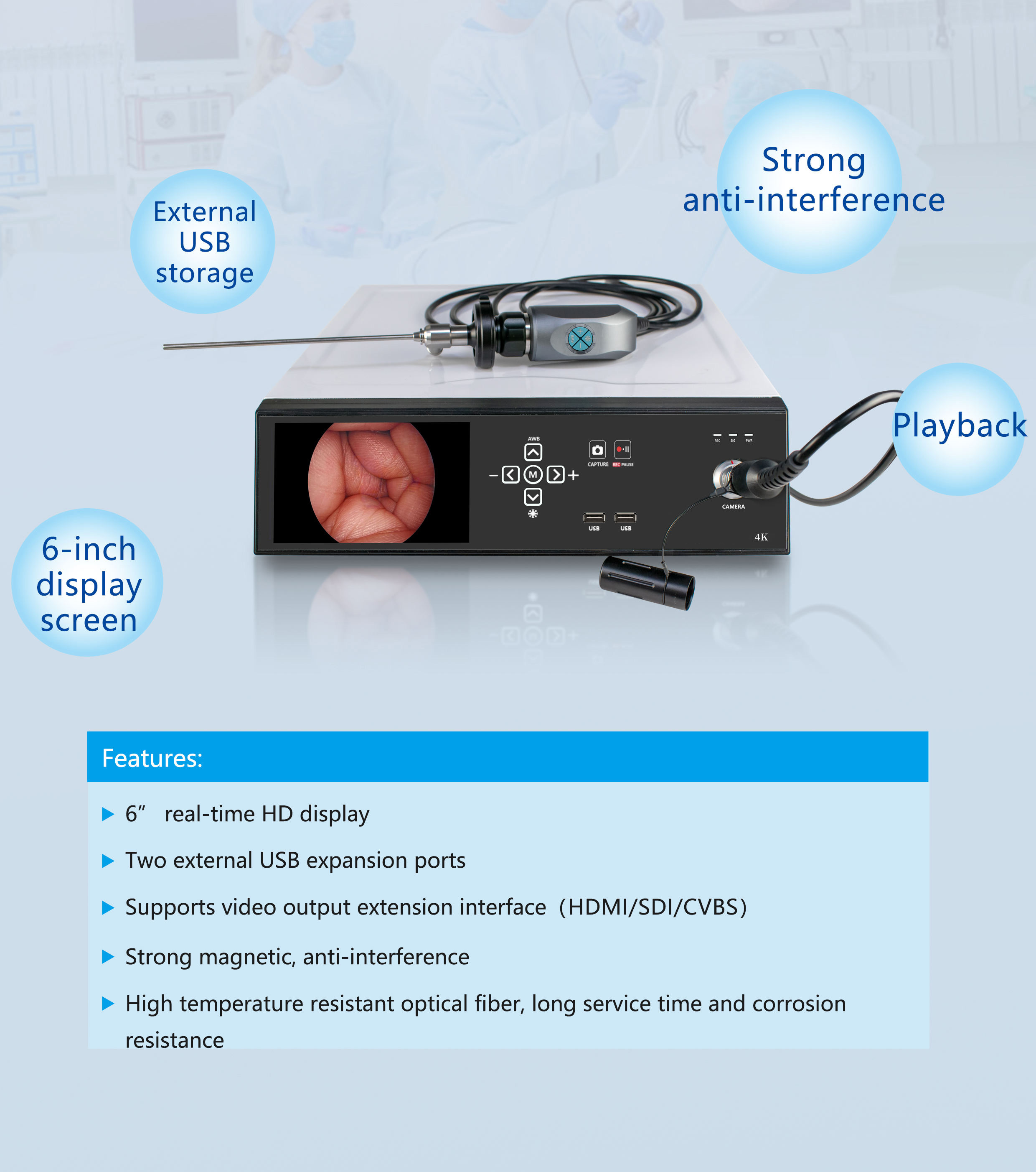 4K Ultra HD 6 Inch Monitor Laparoscopic Camera Medical Endoscope System With USB Record